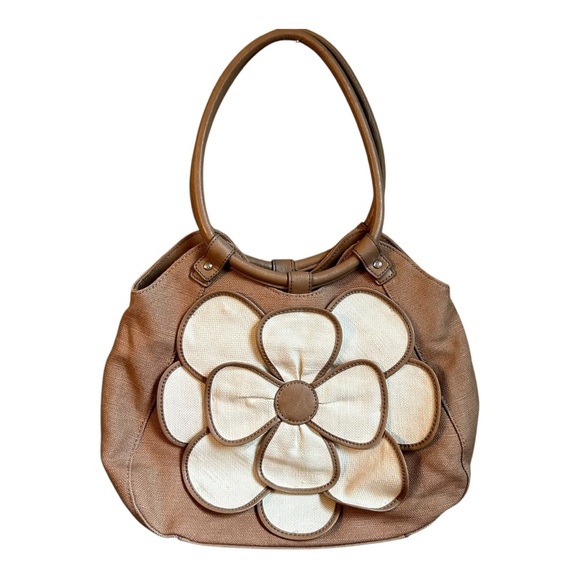 Relic Handbags - RELIC Women Hand Bag Purse Brown/ Tan w/ Oversized Flower Canvas Embellishment